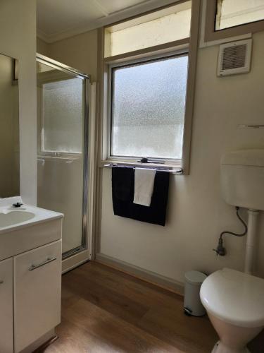 a bathroom with a sink and a toilet and a window at Russell Falls Holiday Cottages in National Park