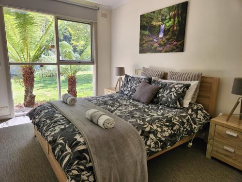 a bedroom with a bed and a large window at Russell Falls Holiday Cottages in National Park