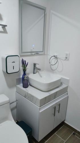 a white bathroom with a sink and a toilet at Depto Moderno Cerca de AIFA estacionamiento wifi in Santa Cruz Tecamac