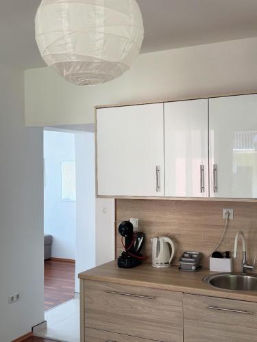 une cuisine avec un comptoir muni d'un évier et d'un luminaire dans l'établissement Lena, à Jajce