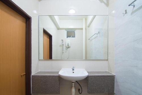 a bathroom with a sink and a shower and a mirror at Hotel D'Sea Princess in Tanjung Bungah