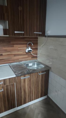 a kitchen with a sink and wooden cabinets at Апартамент Луиза in Varna City