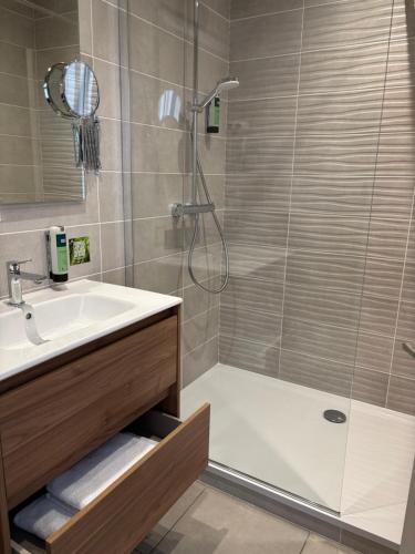 une salle de bain avec une douche, un lavabo et une baignoire dans l'établissement Logis La Thomasse, à Aurillac