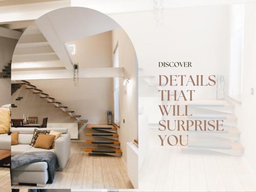 a living room with a spiral staircase with the words deficits that will surprise you at VOK Luxury Home I City Loft I Central Arad in Arad