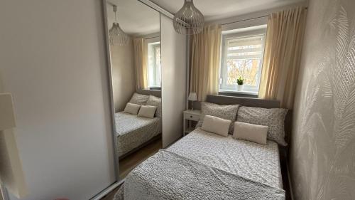 a bedroom with two beds and a mirror at Apartament - U Alicji in Konin