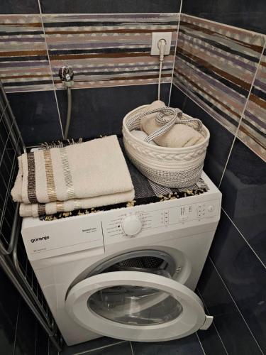 a washing machine with a basket on top of it at Apartman JOVANA in Dušanovac (historical)