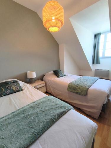 ドールにあるSuperbe duplex « le Grévy »のベッド2台とシャンデリアのある寝室