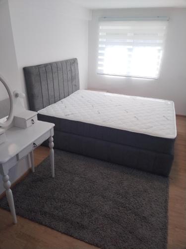 a bedroom with a bed and a desk and a mirror at Gostinska kuća in Leskovac