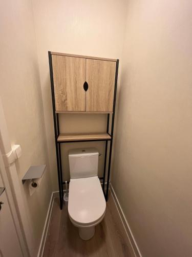 a bathroom with a toilet with a shelf above it at Maison de la Gour MELLE in Melle