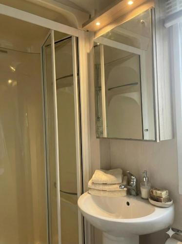 a bathroom with a sink and a shower and a mirror at Sunset Bay Aberaeron in Aberaeron
