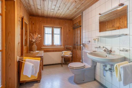 a bathroom with a white toilet and a sink at Landhaus Barbara in Silbertal