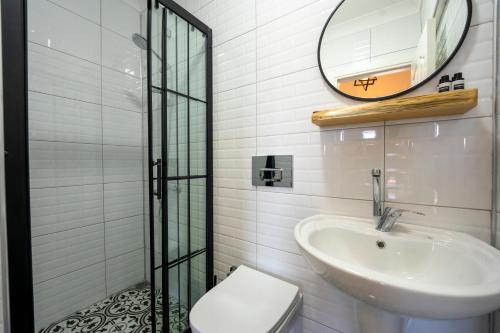 a bathroom with a sink and a toilet and a mirror at Ankakyaka Apart Hotel in Muğla