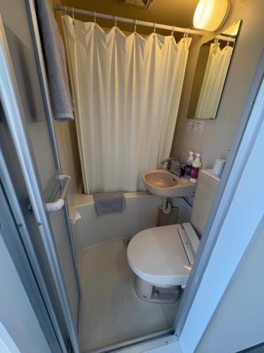 a small bathroom with a toilet and a sink at ホテル土浦神立ヒルズ in Tsuchiura