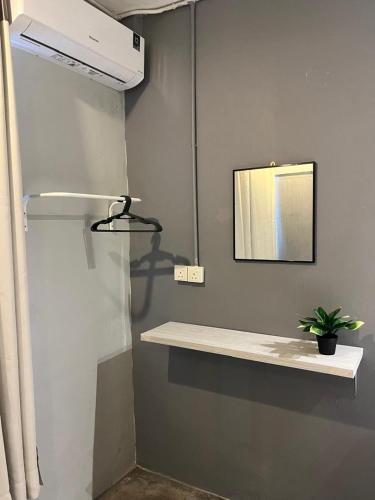 a bathroom with a mirror and a shelf with a plant at Roomah Ipoh En-suite attached-Bath R2 in Ipoh