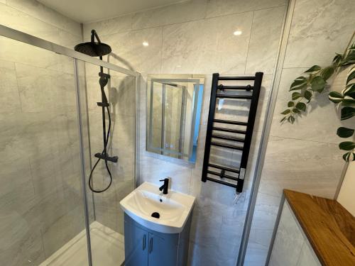 a bathroom with a sink and a shower at Luxurious, private rooms in the heart of Galway in Galway