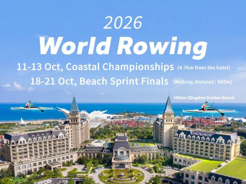 a poster for the worldrowing worldrowing event with a picture of a city at Hilton Qingdao Golden Beach in Qingdao