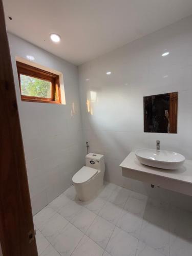 a white bathroom with a toilet and a sink at vuyen villa in Phú Quốc