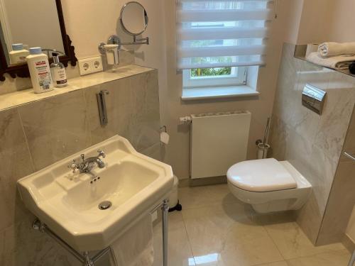 a bathroom with a sink and a toilet at B&B Fiddler's Inn in Neuruppin
