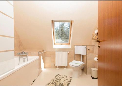 a bathroom with a toilet and a tub and a window at Pensiunea Bucuria Cheia & Ferma Animale in Cheia
