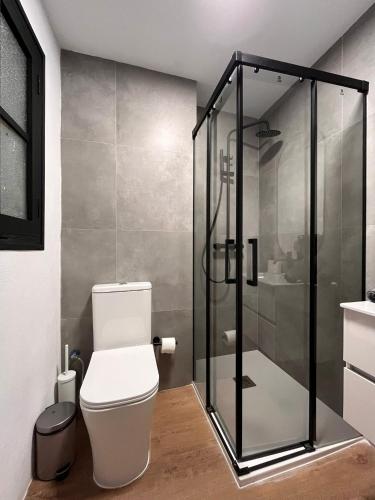 a bathroom with a toilet and a glass shower at Terrazas de la Catedral II in Castellón de la Plana
