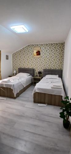 a bedroom with two beds and a wall at Cazare de Vis 3 stele in Oreavul