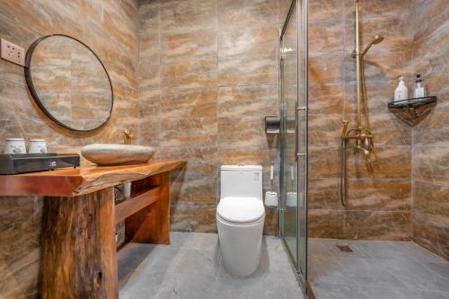 a bathroom with a toilet and a sink and a shower at 素隐乡宿Hometown Destination红瑶吊脚楼 观景民宿 in Heping