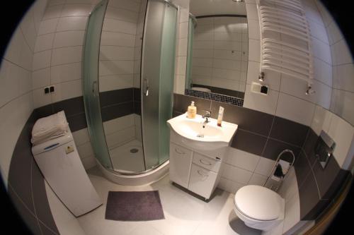 La salle de bains est pourvue d'une douche, d'un lavabo et de toilettes. dans l'établissement Apartments Sobieski&Soplica, à Cracovie