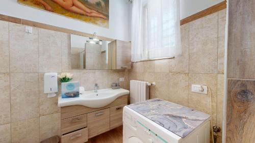 a bathroom with a sink and a mirror and a washing machine at Apt Giada Salò magic view in Salò