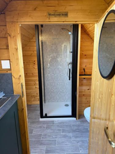 a bathroom with a shower with a glass door at The Nook Cardross in Cardross