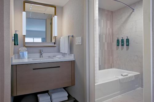 a bathroom with a sink and a tub and a shower at DoubleTree by Hilton Hotel Cedar Rapids Convention Complex in Cedar Rapids