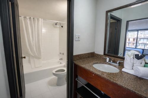 ein Badezimmer mit Waschbecken, Toilette und Badewanne in der Unterkunft 1st Place Hotel Decatur I-20 East Atlanta in Decatur