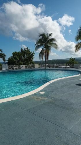 a swimming pool with palm trees in the background at Mar Paraiso in Ocho Rios