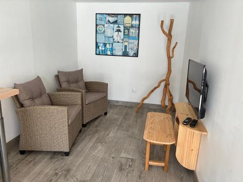 a living room with two chairs and a tv at Le Cap Ferret in La Teste-de-Buch