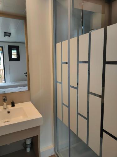 a bathroom with a sink and a mirror at VVF Les Sableaux à Noirmoutier in Le Grand Vieil