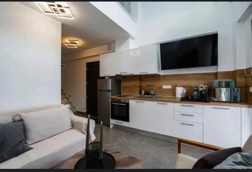 a living room with a couch and a kitchen with a tv at Diamond Deluxe Loft in Iraklitsa