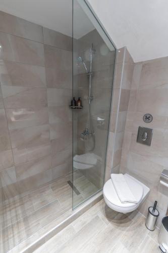 a bathroom with a toilet and a glass shower at Aurora apartments Room 1 in Marmari