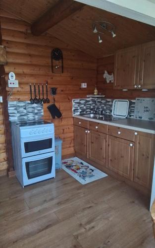 a kitchen with wooden cabinets and a stove at Hamishs log cabin in Blaenau-Ffestiniog