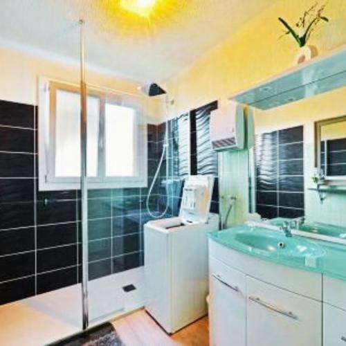 a bathroom with a sink and a shower and a sink at La maison de Dourils in Entraygues-sur-Truyère