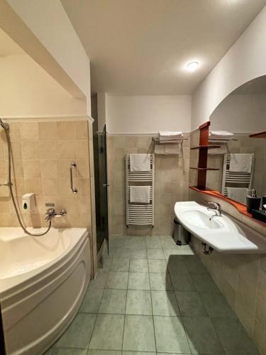 a bathroom with a tub and a sink and a bath tub at Tóth Wellness Apartman in Zalakaros