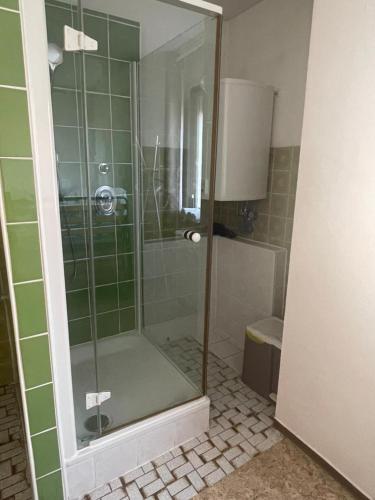 a shower in a bathroom with green tile at Easy Stay Valencia in Oberboihingen