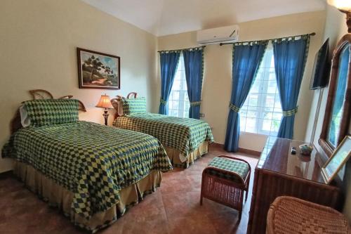 a bedroom with two beds and blue curtains at Spicy Hill Villa in Port Antonio