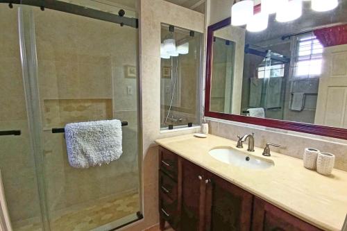 a bathroom with a sink and a shower at Spicy Hill Villa in Port Antonio