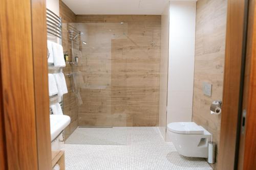 a bathroom with a shower and a toilet and a sink at Hotel Větruše in Ústí nad Labem