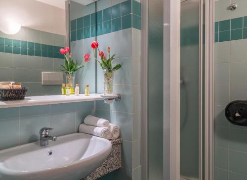 a bathroom with a sink and a shower at Cipriani Park Hotel in Rivisondoli