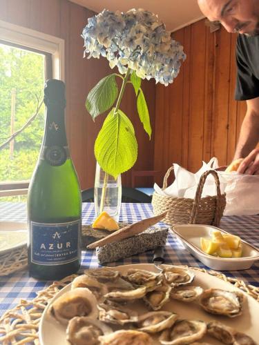 a table with a plate of oysters and a bottle of wine at Refugio Urbano Melipulli in Puerto Montt