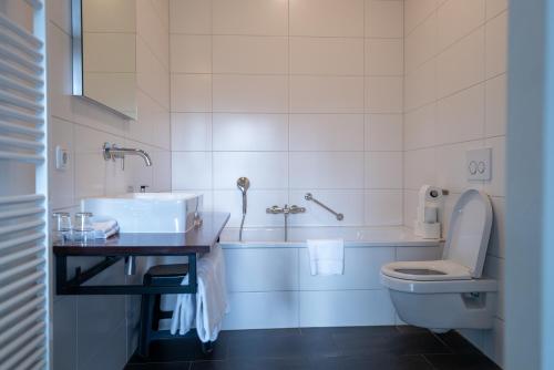 a white bathroom with a sink and a toilet at Landhuis Hotel Restaurant Rikus in Eext