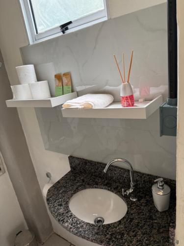 a bathroom counter with a sink and a window at Apartamento central com pátio, 1 quadra do calçadão in Santa Maria