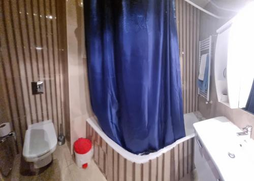 a bathroom with a blue shower curtain and a toilet at Perle studio lac 2 tunisia mall in Tunis