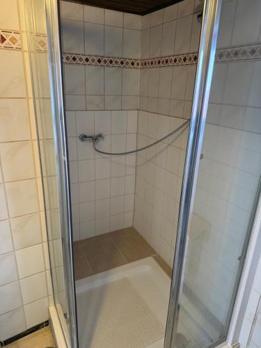 a shower with a glass door in a bathroom at Zimmervermietung Kimberly in Bischbrunn