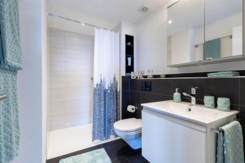 a bathroom with a sink and a toilet and a shower at Ferienwohnung Schwyz in Schwyz